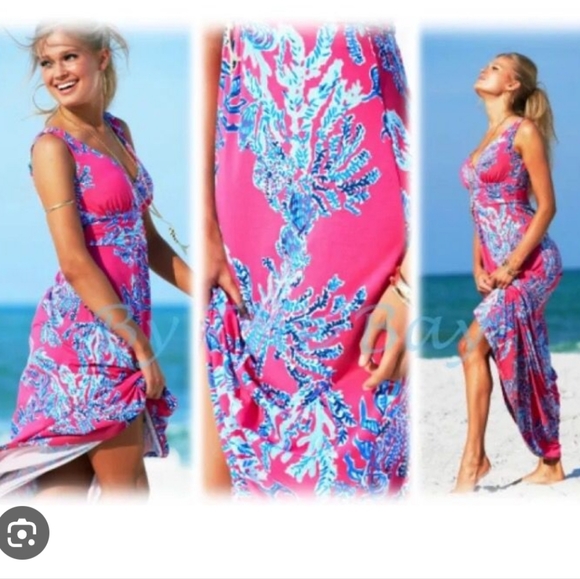 Lilly Pulitzer Pink And Blue Coral Print V Neck Maxi Dress Sz XS - Picture 3 of 9